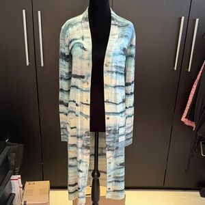 Kerri Rosenthal Blue/White Long Cardigan Size XS. 100% Cashmere. Heart patch